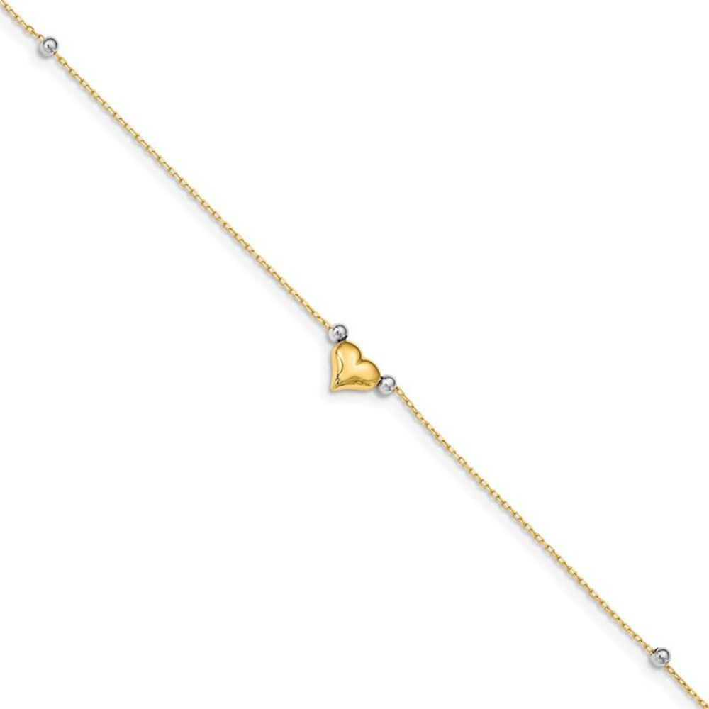 14k Yellow and White Gold Puffed Heart and Bead Anklet, 10 Inch